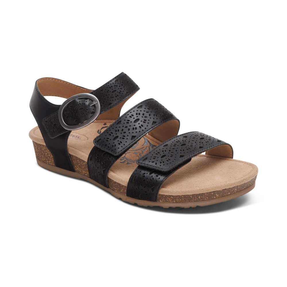 Aetrex Lily Adjustable Quarter Strap Sandal (Women's) - Black Cutout