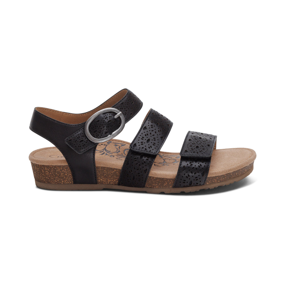 Aetrex Lily Adjustable Quarter Strap Sandal (Women's) - Black Cutout