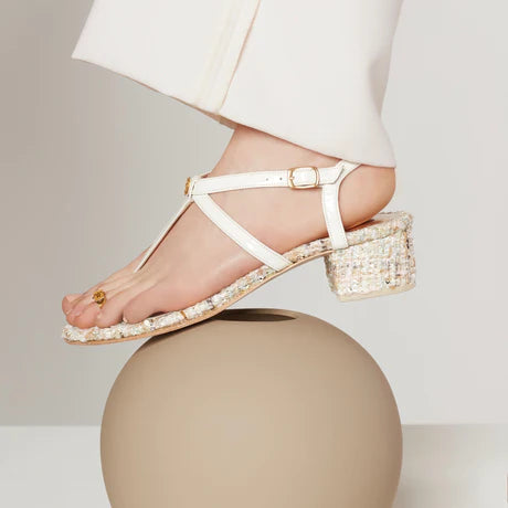 Kheloni Efi Sandal (Women's) - White Leather and Boucle Sandal with Gold Charm